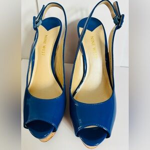 Nine West Glossy Blue Slingback Cork Wedge Heels